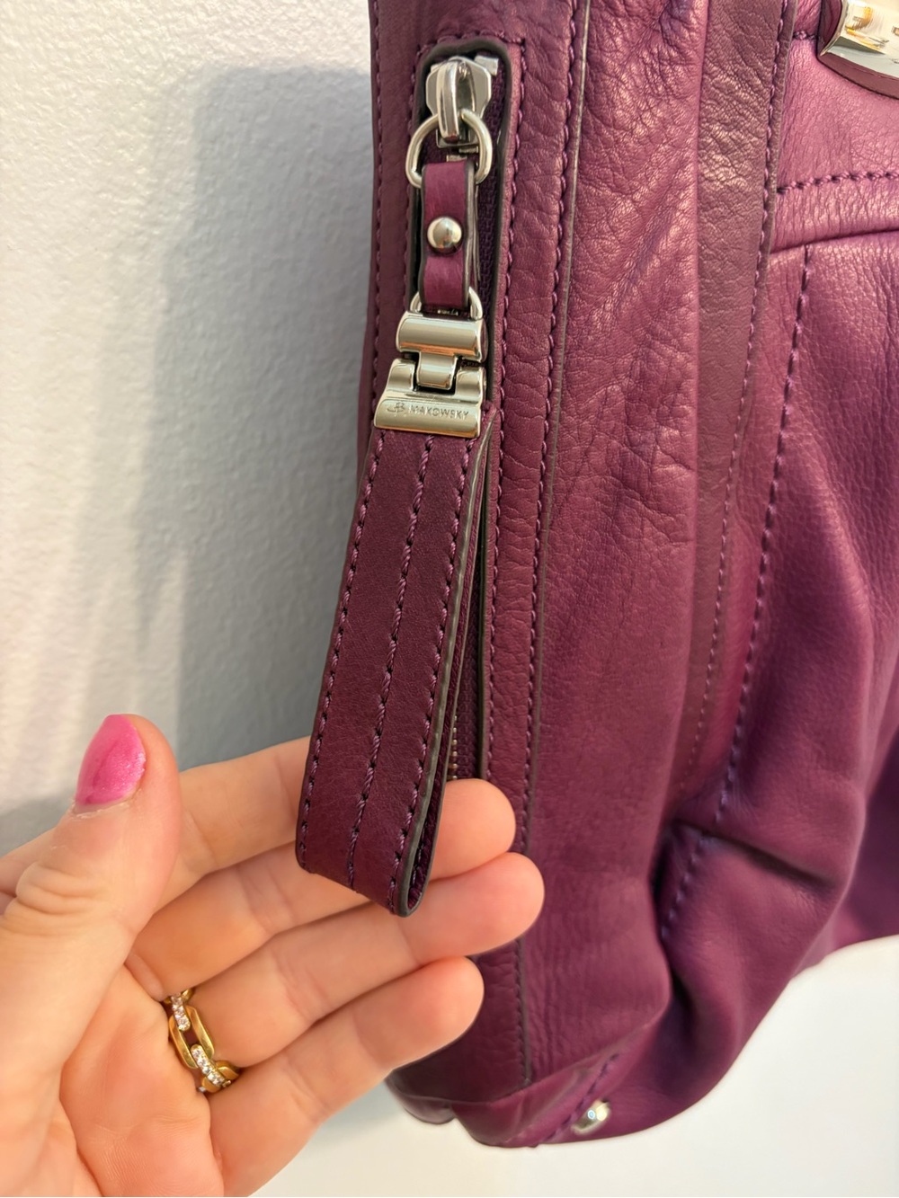 B. Makowsky Plum Leather Shoulder Bag with Silver-Tone Accents NWOT - Picture 8 of 13
